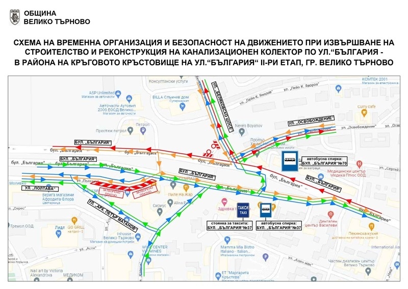 От 22 август се възстановява движението по булевард „България“ и кръстовището при „Беляковско шосе“ във Велико Търново